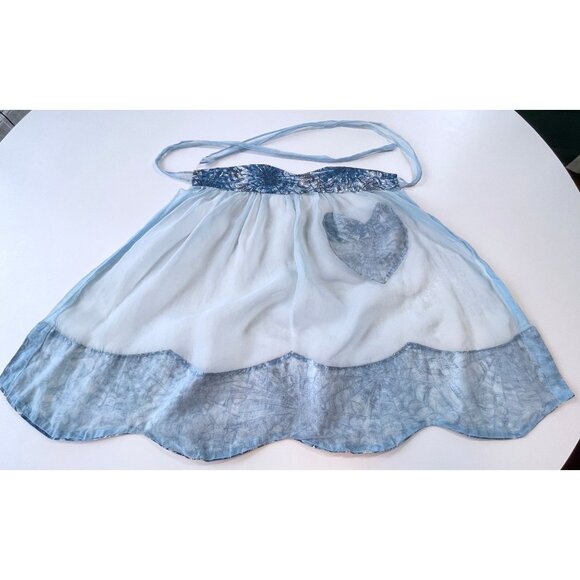 Vintage 1960s half apron, blue chiffon scalloped bottom, cottage core - Picture 5 of 8